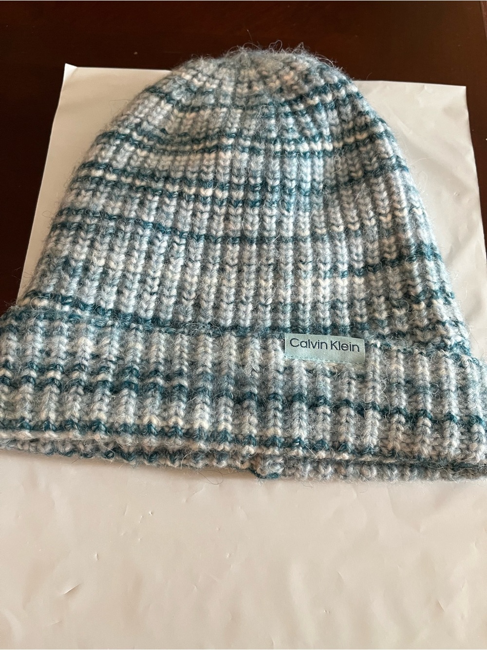 Calvin Klein Blue & White Ribbed Knit Beanie
